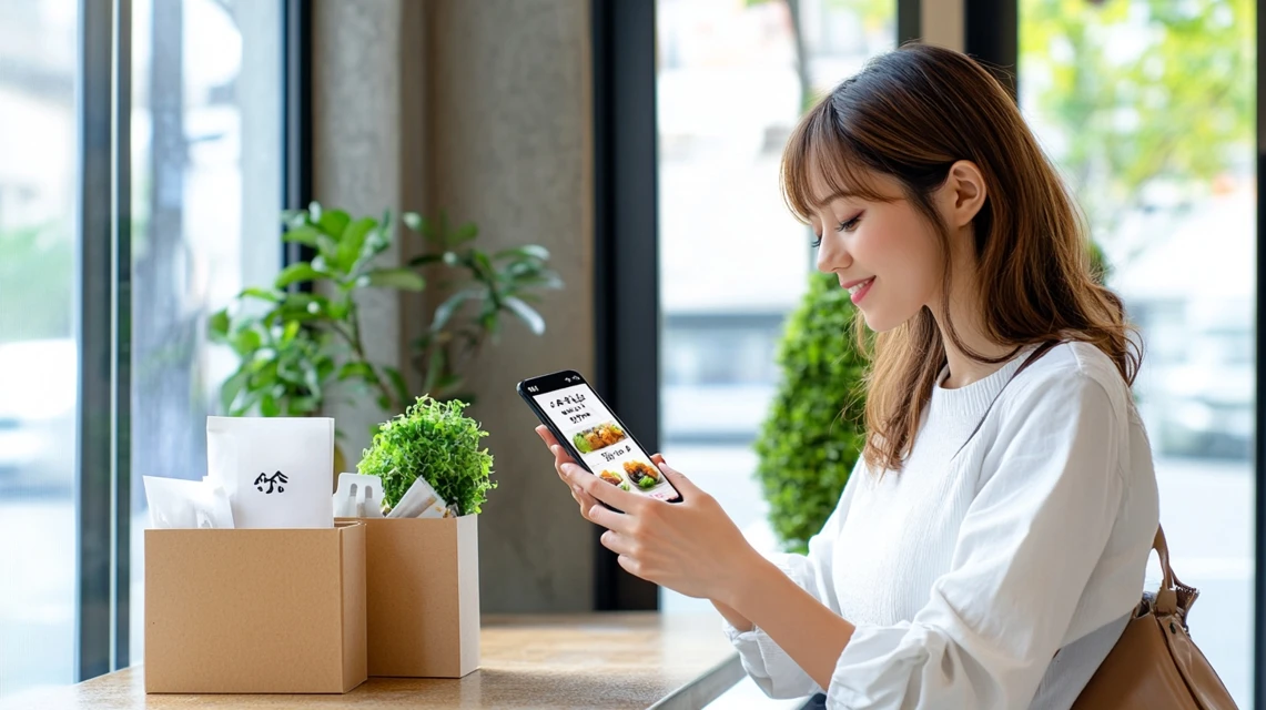 ケンタッキーの期間限定セットを確認する日本人女性
