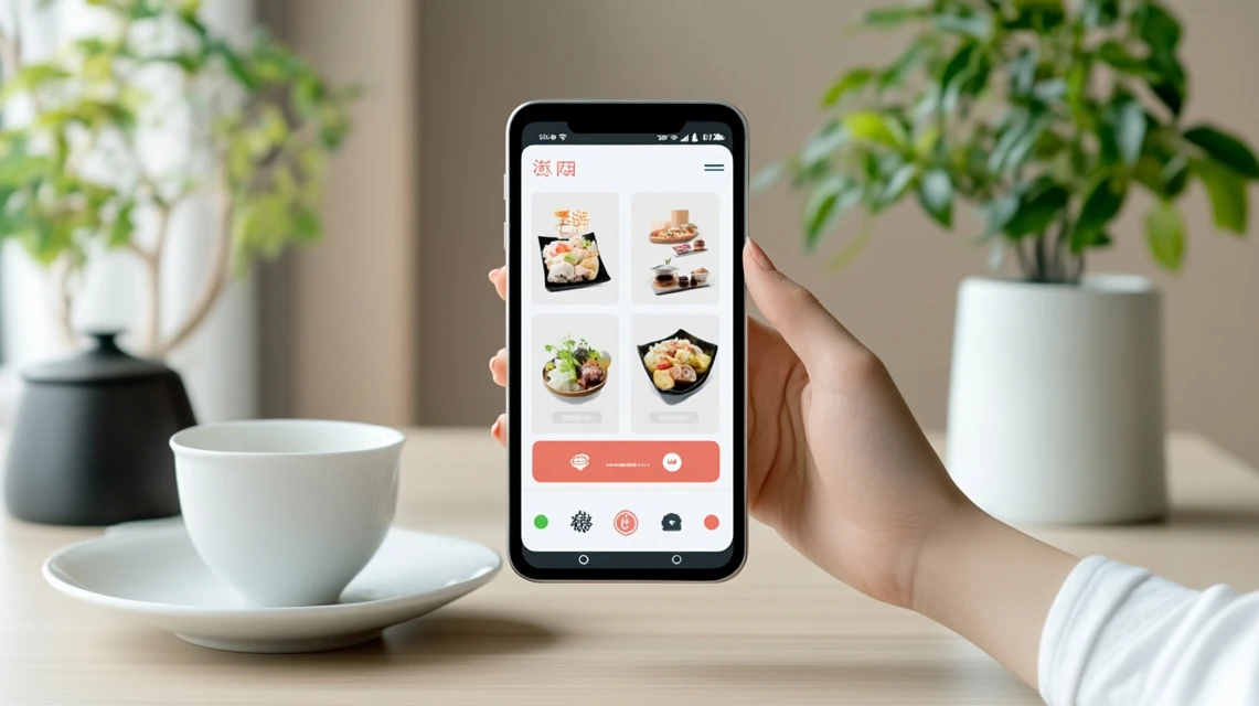 日高屋の公式アプリでQ&Aをスマホで確認する日本人女性