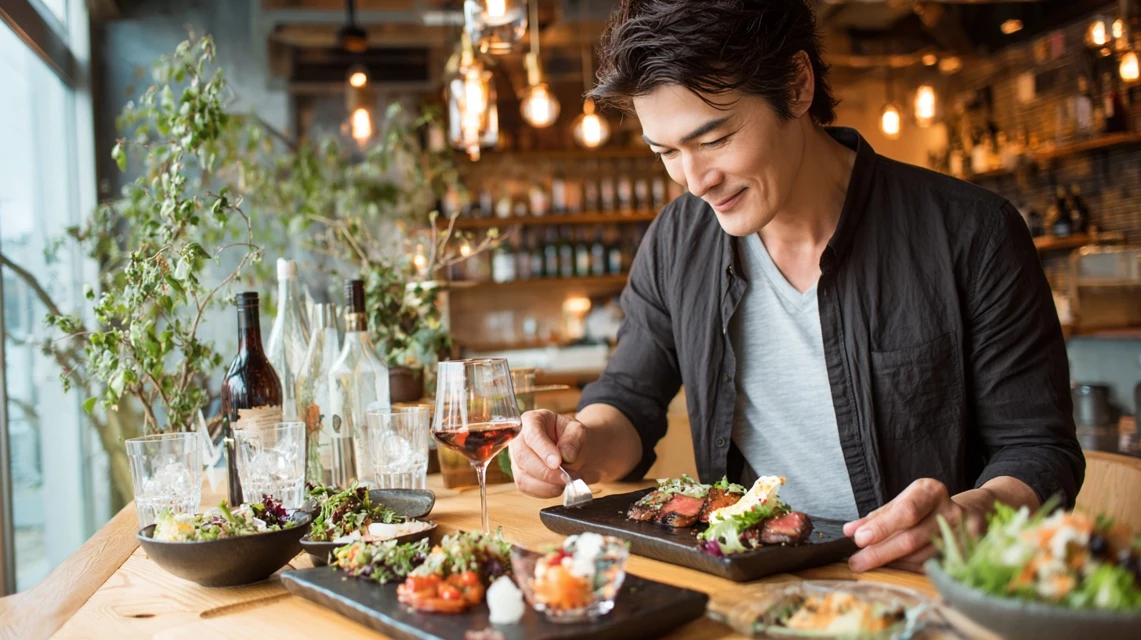 10%割引クーポンで食事を楽しむ日本人男性
