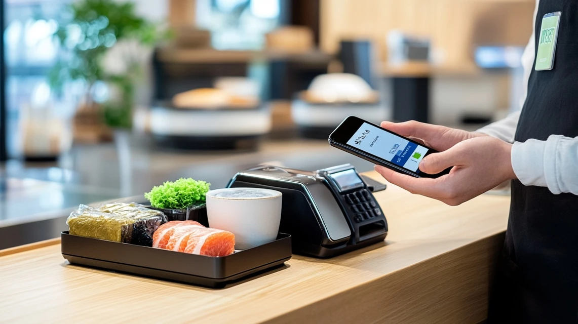 スマホ決済で和食さとの会計を行う日本人客