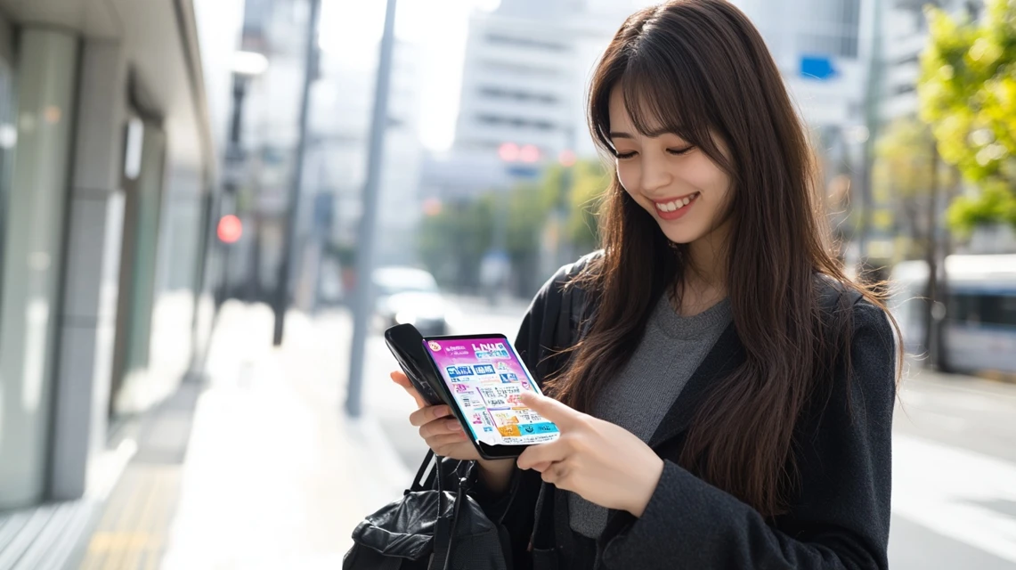 びっくりドンキーのLINEクーポンを確認する日本人女性
