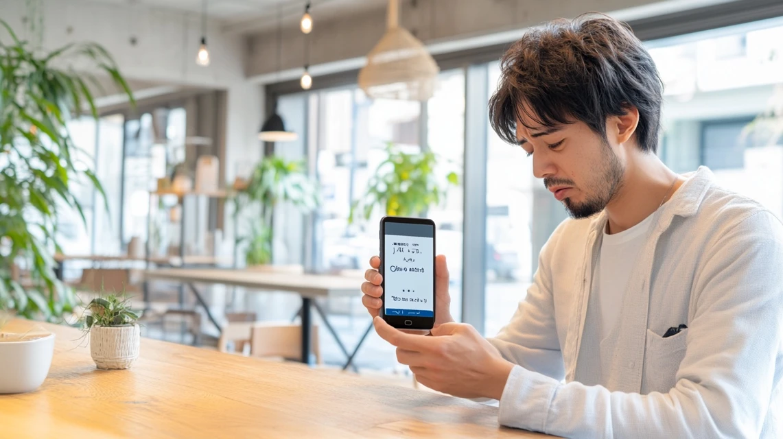 アソビューのクーポンが使えず困る日本人男性の様子