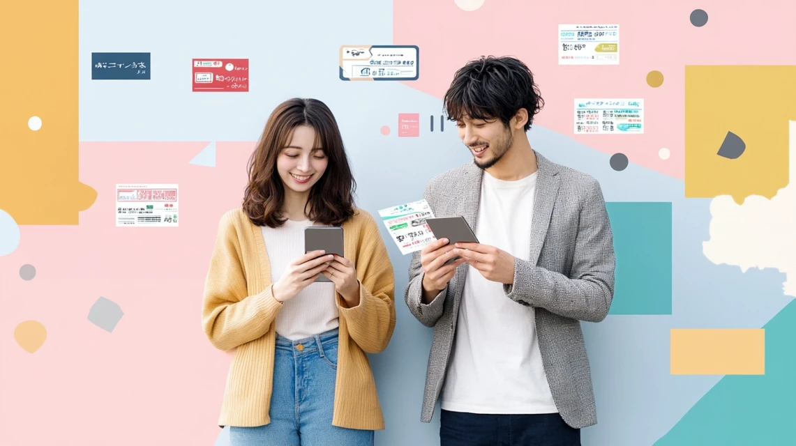 アソビューのクーポンを比較して選ぶ日本人カップルの姿