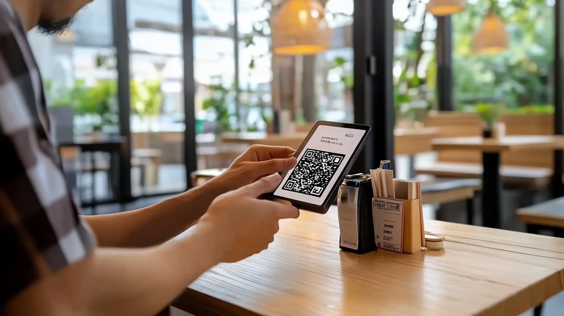 スマホで支払いながらフォルクスクーポンを使う男性