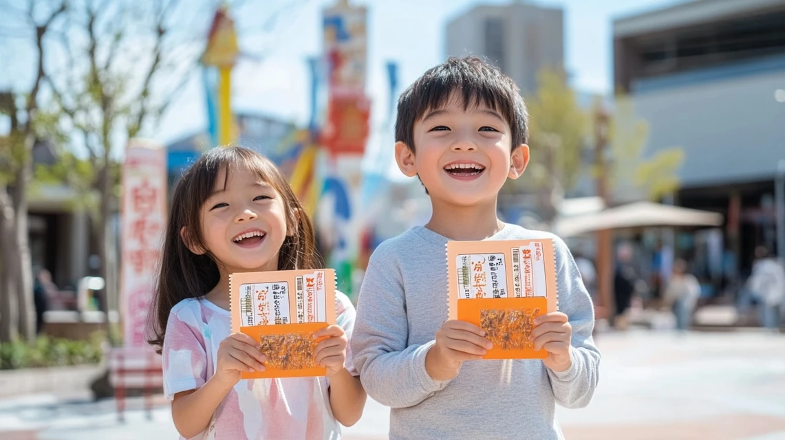ラクテンチのりもの券を手に笑顔を見せる日本人の子どもたち