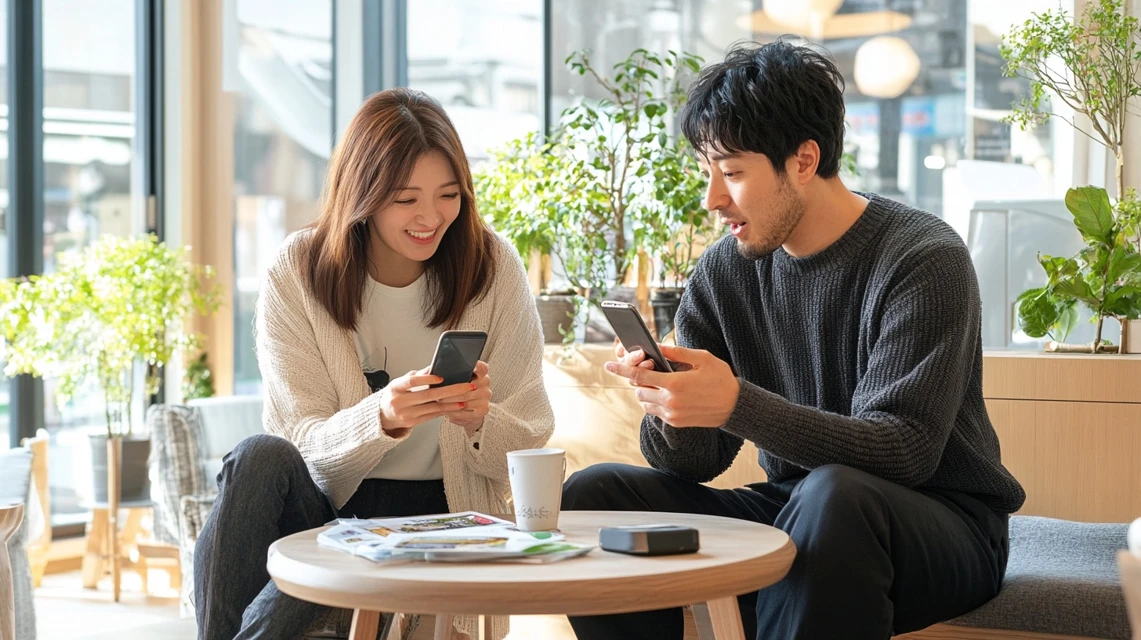 クーポン利用について話す日本人男女
