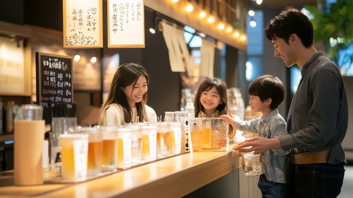 日本人家族がビッグボーイでドリンクバーを楽しむ様子