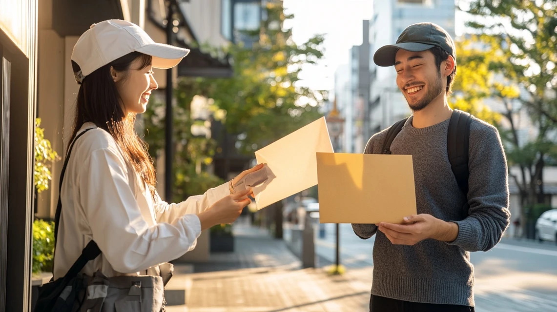 フリーセレクションの旅行チケットが届く場面を描いた日本人家庭の風景
