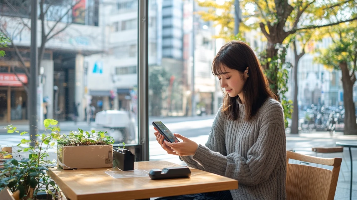 カフェでチャージスポットを使いスマホを確認する日本人女性
