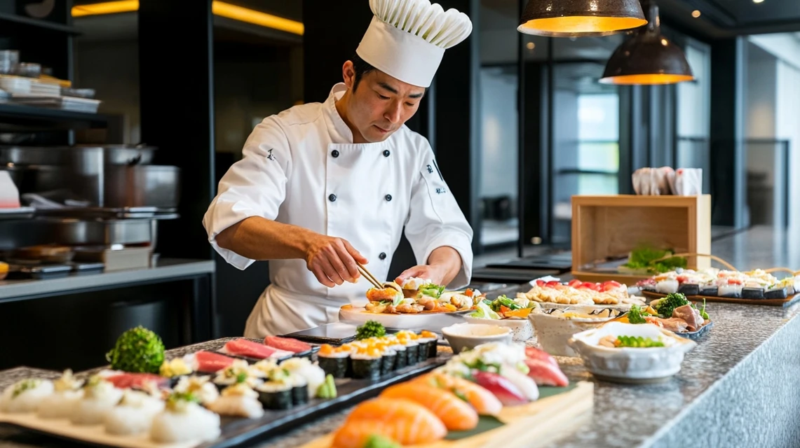 日本人客が人気ランチメニューを組み合わせて食事を楽しむ場面
