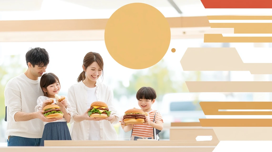 モスバーガーを家族で楽しむ日本人ファミリーの食事風景