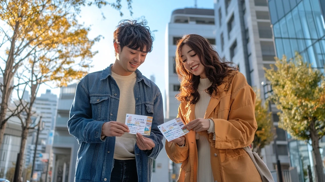 日本人観客がLINEクーポンで映画チケットを安く入手する様子