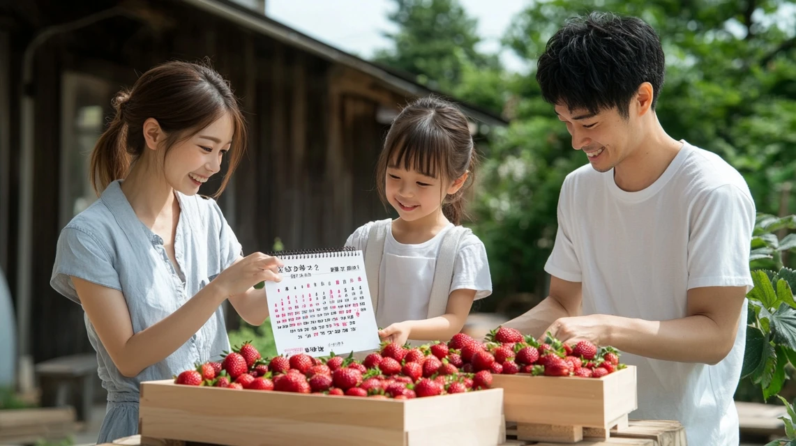 花の海いちご狩りのシーズン開始を調べる日本人家族