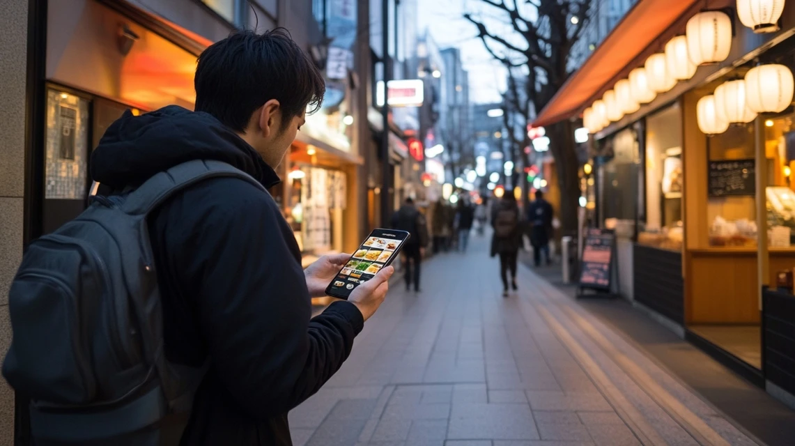 スマホでランチクーポン加盟店を探す日本人男性