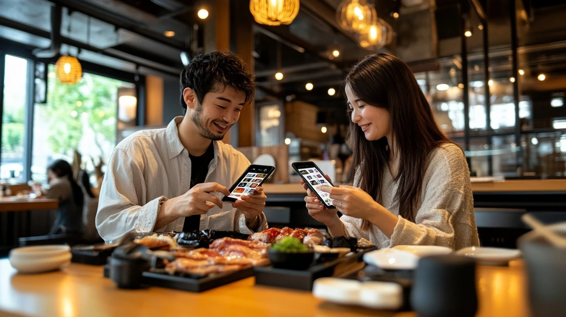 牛角クーポンとぐるなび割引を比較する日本人カップルの様子