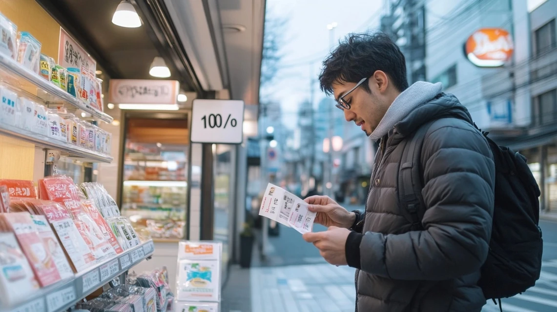 安楽亭の10%と20%クーポンを比較する日本人男性