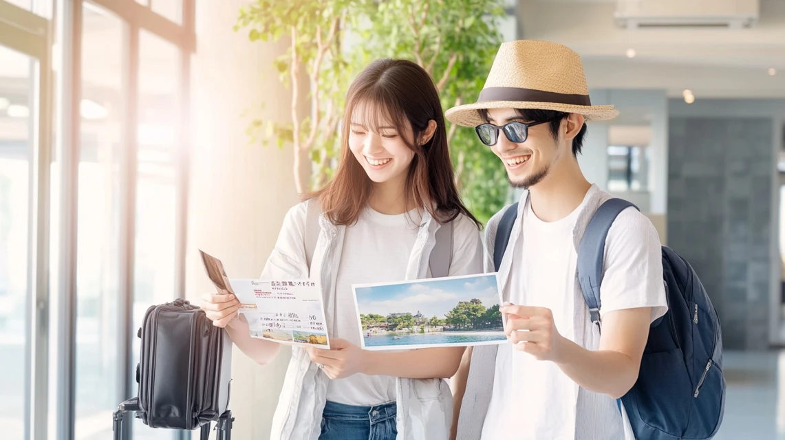 フリーセレクションの初回クーポンを使い旅行計画を立てる日本人カップルの様子
