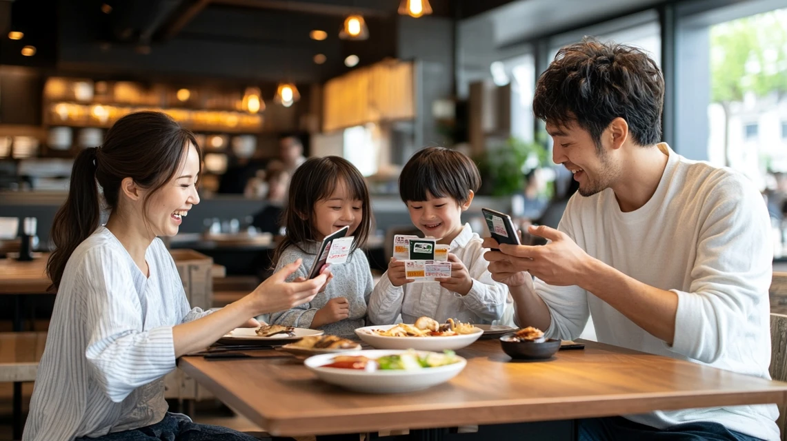 びっくりドンキーのLINEクーポンを家族で使う日本人の食事風景
