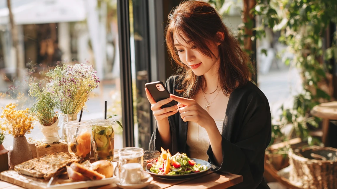 スマホでピソラのLINEクーポンを受け取る日本人女性
