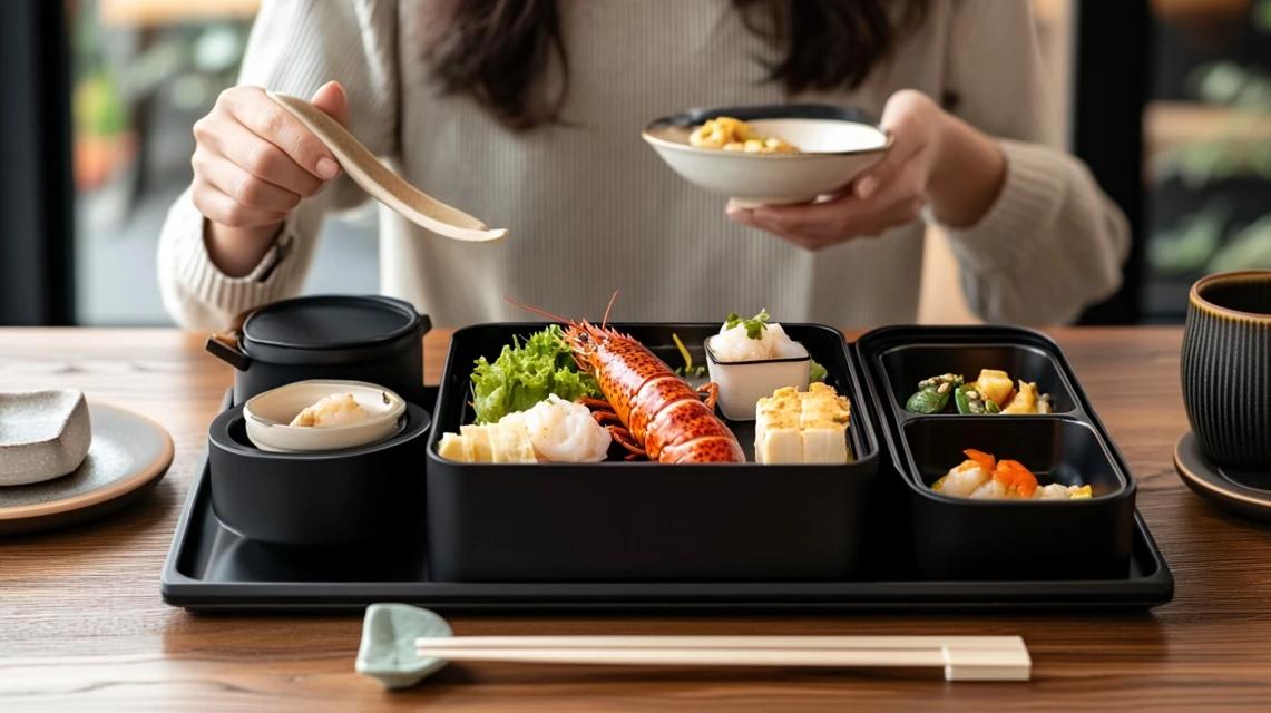 中納言のランチ定食を笑顔で楽しむ日本人女性の食事風景
