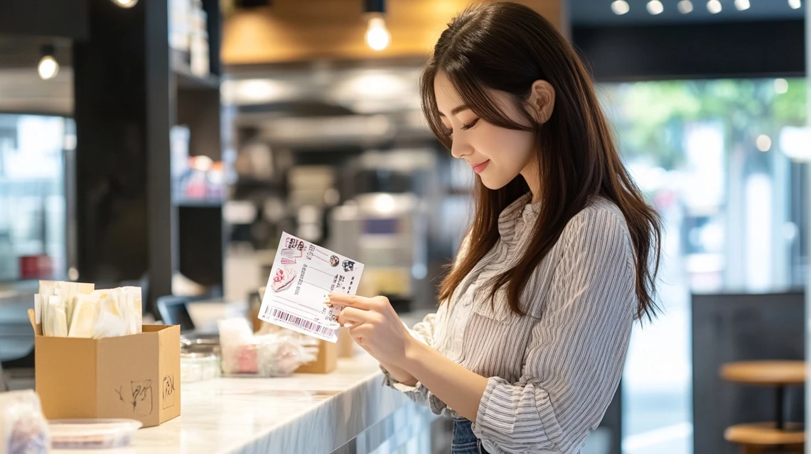 松のやの持ち帰り注文でクーポンを提示する日本人女性