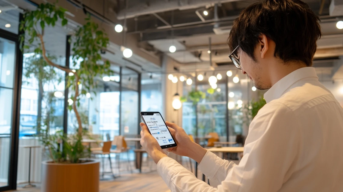 空港で海外旅行用JTBクーポンを確認する日本人男性