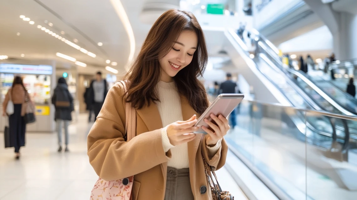 ゲンキーアプリで貯まったポイントを確認する日本人女性