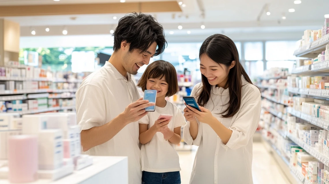 ゲンキーアプリクーポンを使って買い物を楽しむ家族