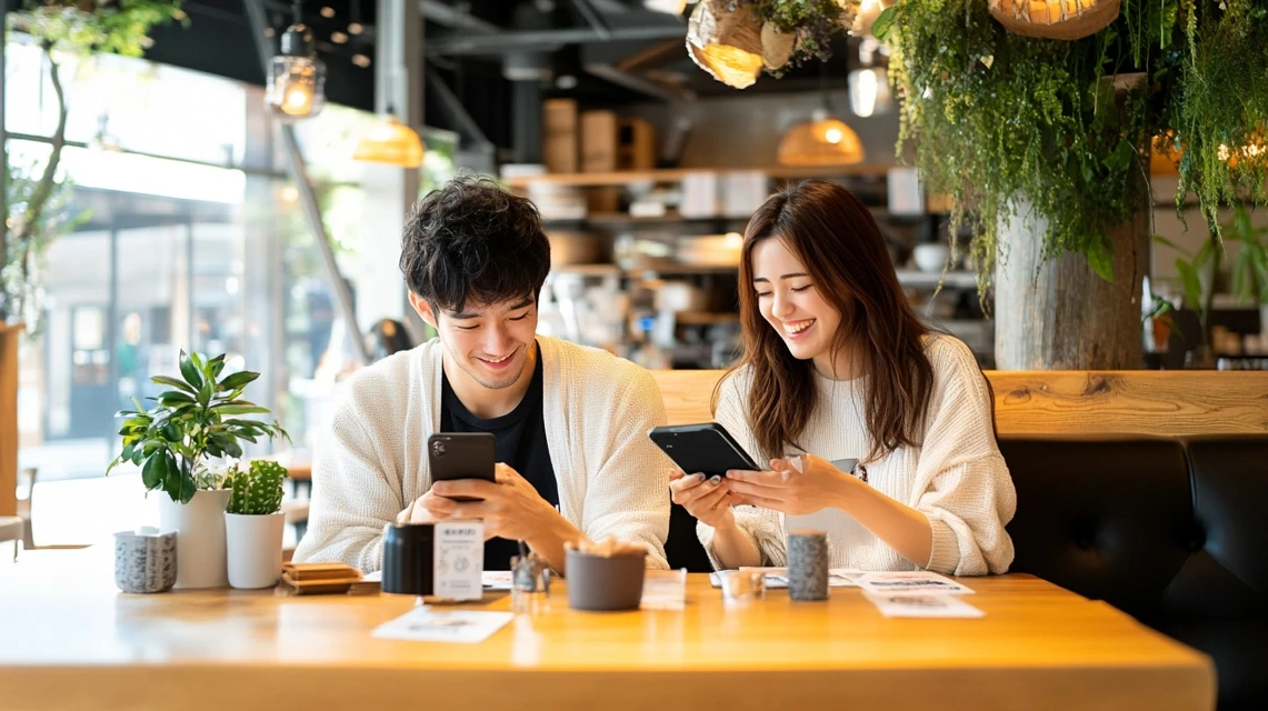アプリとLINEクーポンを併用して節約する日本人夫婦の様子

