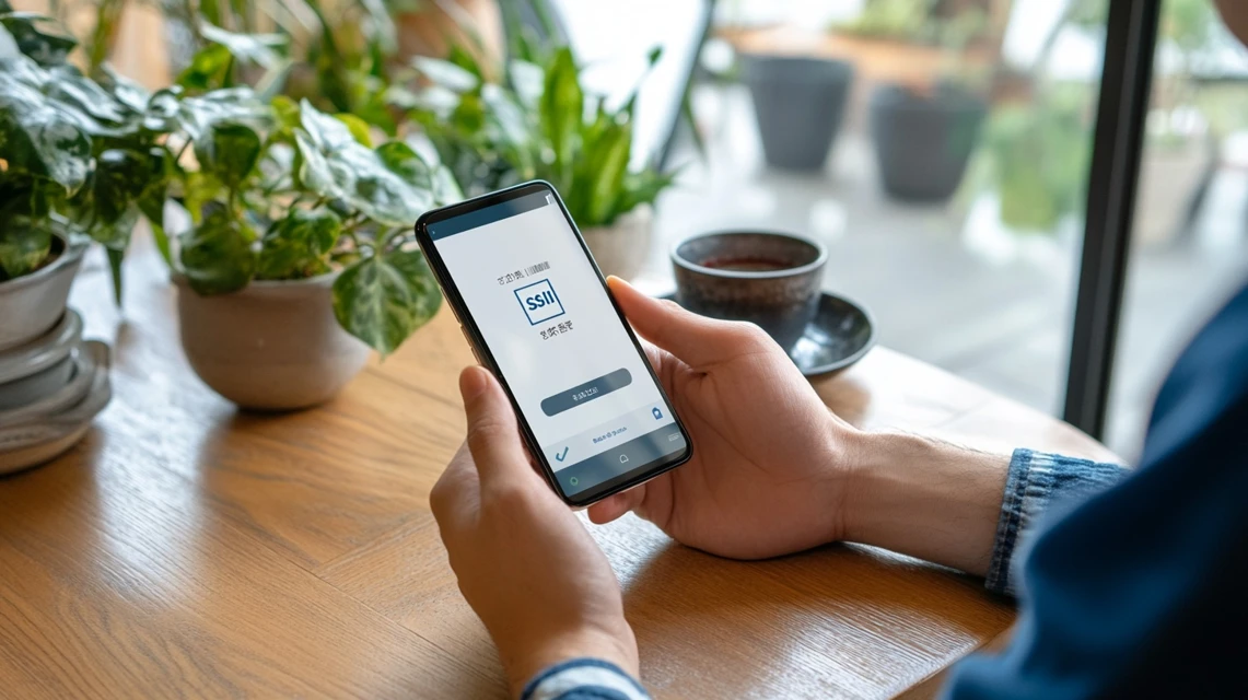 ワールドesimクーポンコードをスマホに入力する日本人男性