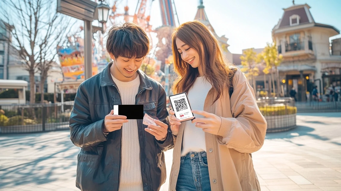 城島高原パークで会員優待を提示する日本人カップル