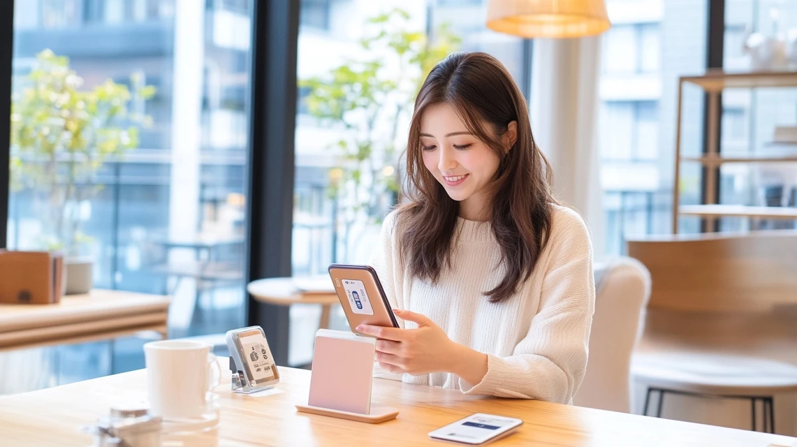 ワールドesimの設定方法を確認する日本人女性の姿