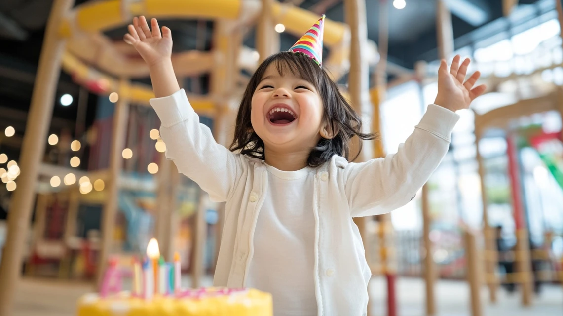 日本人の子どもが誕生日特典で無料入場し笑顔で遊ぶ様子

