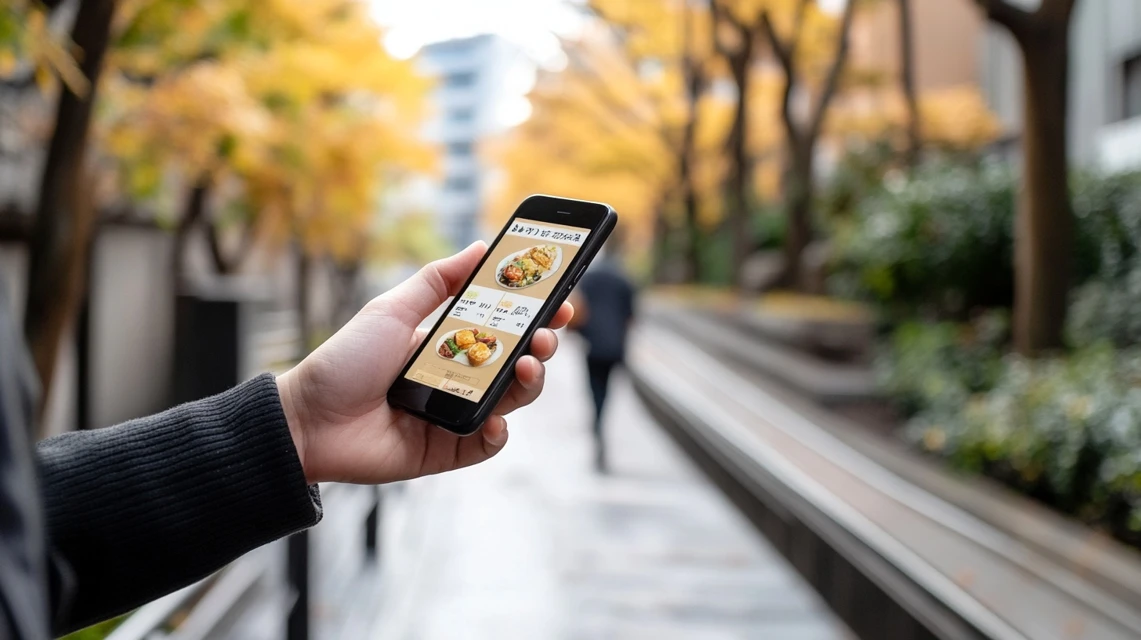 スマホでランチクーポンの使い方を確認する日本人男性