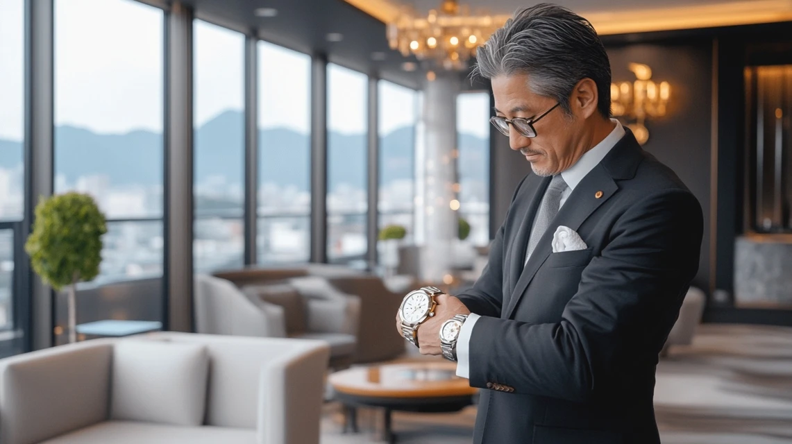 館内で時計を見る男性客
