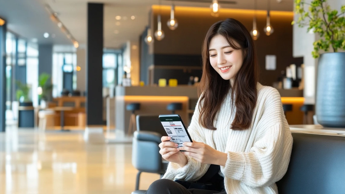 亀の井ホテルのクーポンコードを使う日本人女性の笑顔