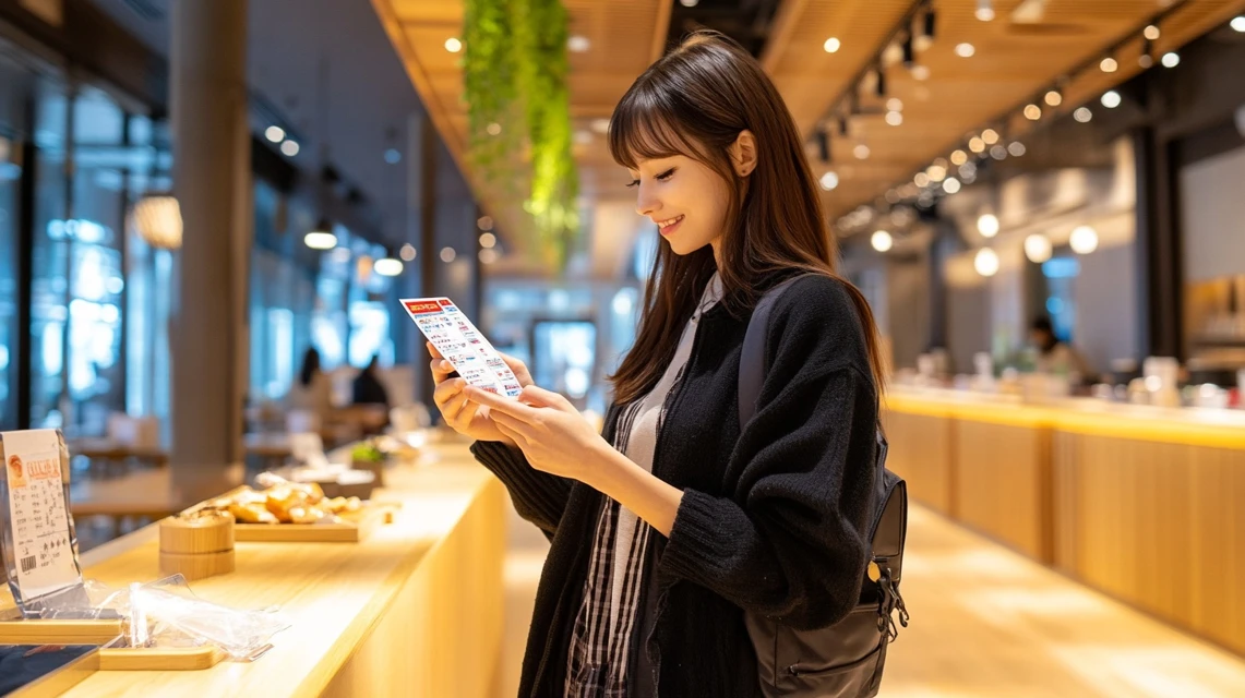 LINEでビッグボーイクーポンを確認する日本人女性の様子