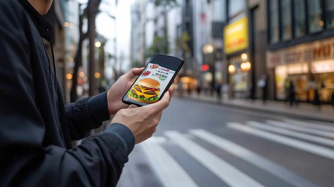 スマホでモスバーガークーポンを探す日本人男性の様子
