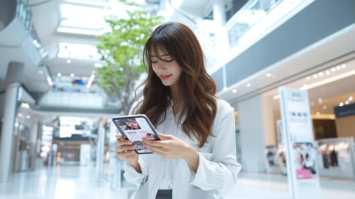楽天証券の口座開設キャンペーンをスマホで確認する日本人女性
