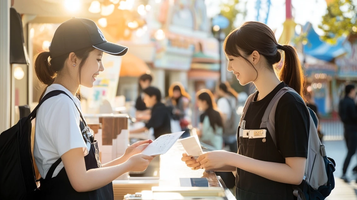 ラクテンチのクーポン利用について質問する日本人客とスタッフ