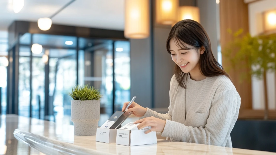 亀の井ホテル会員登録で特典を確認する日本人女性