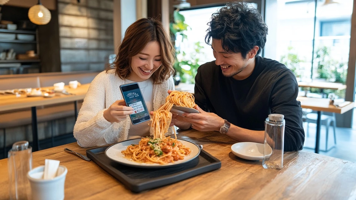 ジョリーパスタの半額クーポンを使って食事を楽しむ日本人カップル