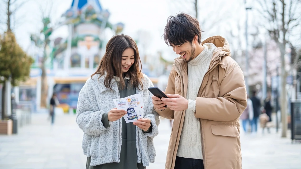 ぐらんぱる公園の半額クーポンをスマホで確認する日本人夫婦