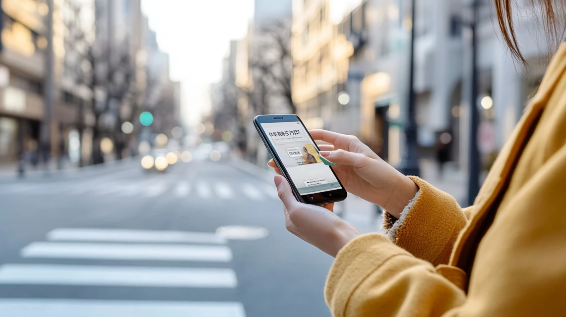 ケンタッキーの無料クーポンをスマホで取得する日本人女性
