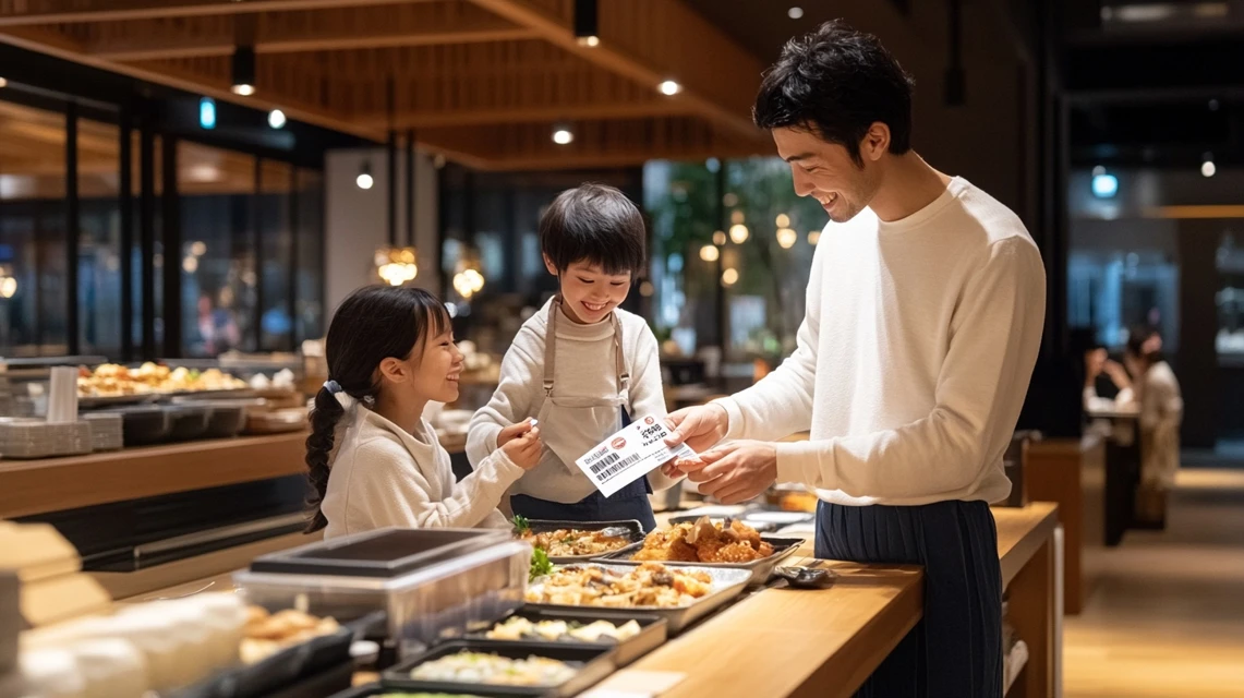 和食さとの食べ放題クーポンを使う日本人家族