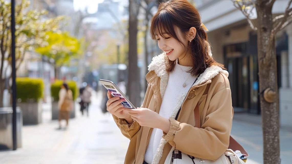ジェミレミのクーポンコードをスマホで確認する日本人女性の姿
