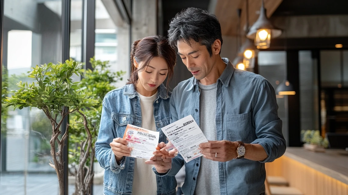 日本人カップルが映画クーポンの注意点を確認している場面
