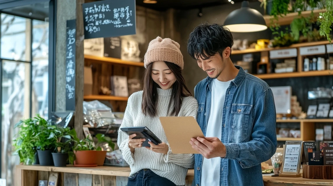 ビッグボーイクーポンを確認する日本人カップルの食事シーン