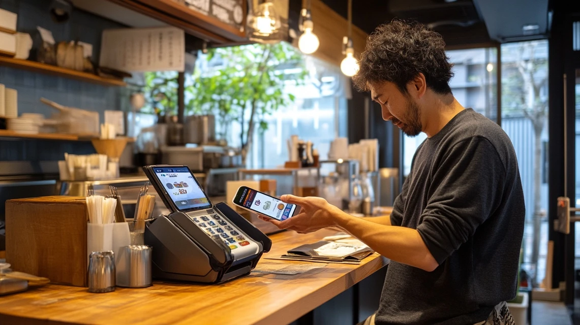 PayPayで日高屋クーポンを使う日本人男性のスマホ決済風景