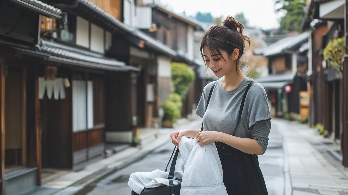 温泉旅行の荷物を準備する日本人女性の落ち着いた風景